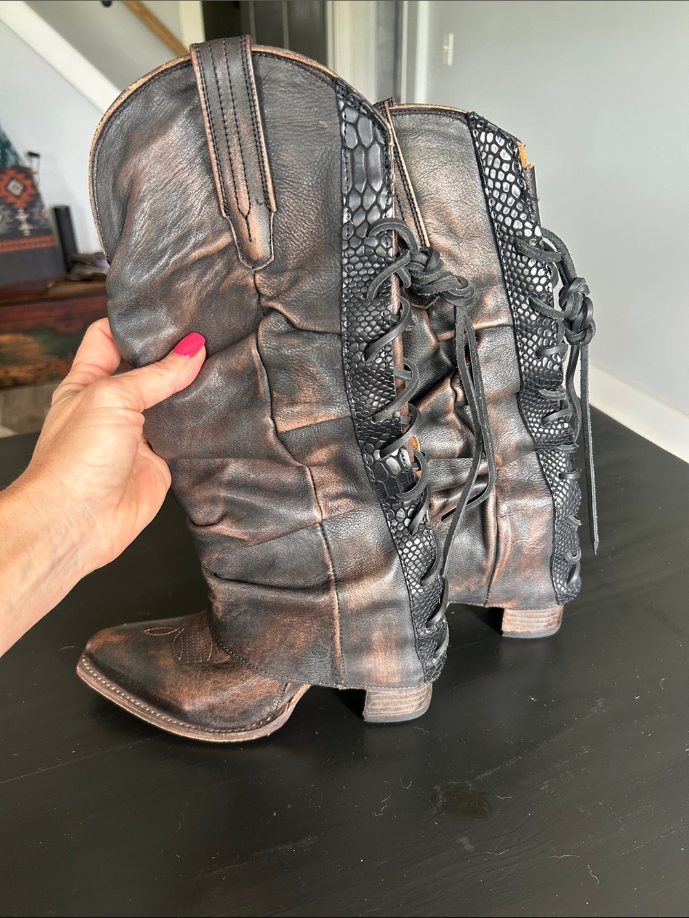 freebird Brown Distressed Leather Lace-Up Western Heeled Boots